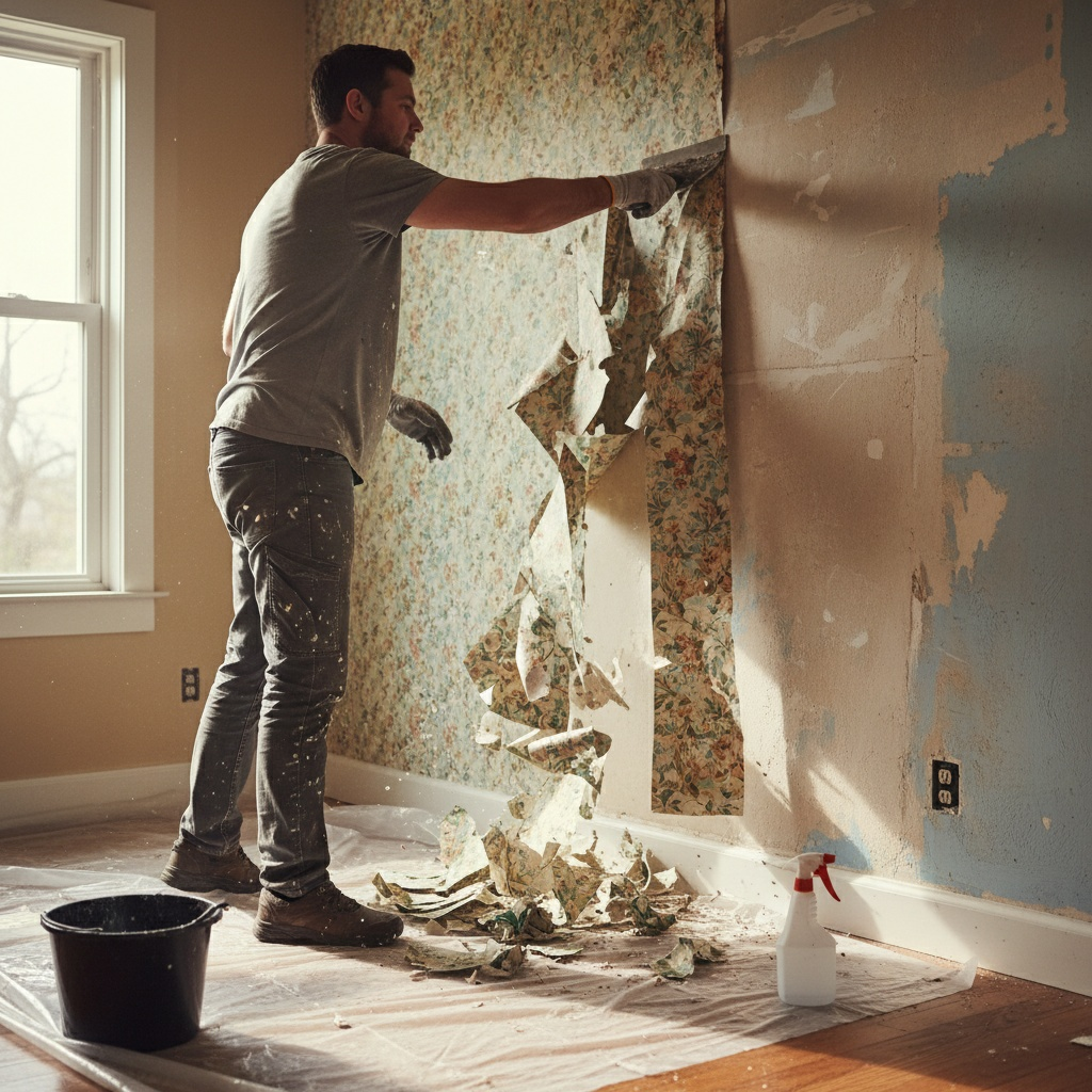Homme qui retire son papier peint sur un mur avec une spatule